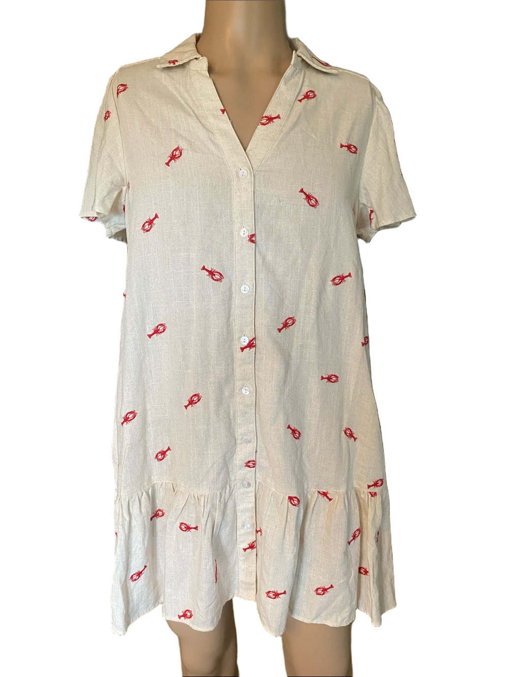 Jane and Delancey Cream Button-Front Mini Dress with Red Motif